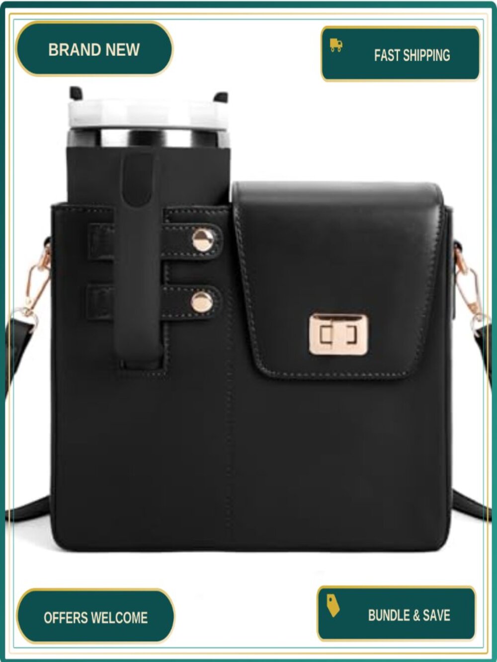 Faux Leather Cup Holder Crossbody Bag for 40oz Tumbler Adjustable Strap